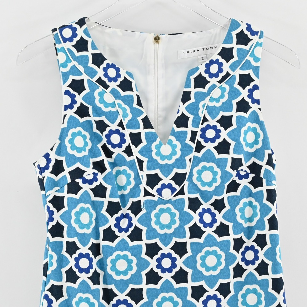 Trina Turk Moroccan Print Shift Dress Size 2 Blue Floral Sleeveless Pom Pom Trim - Picture 9 of 13